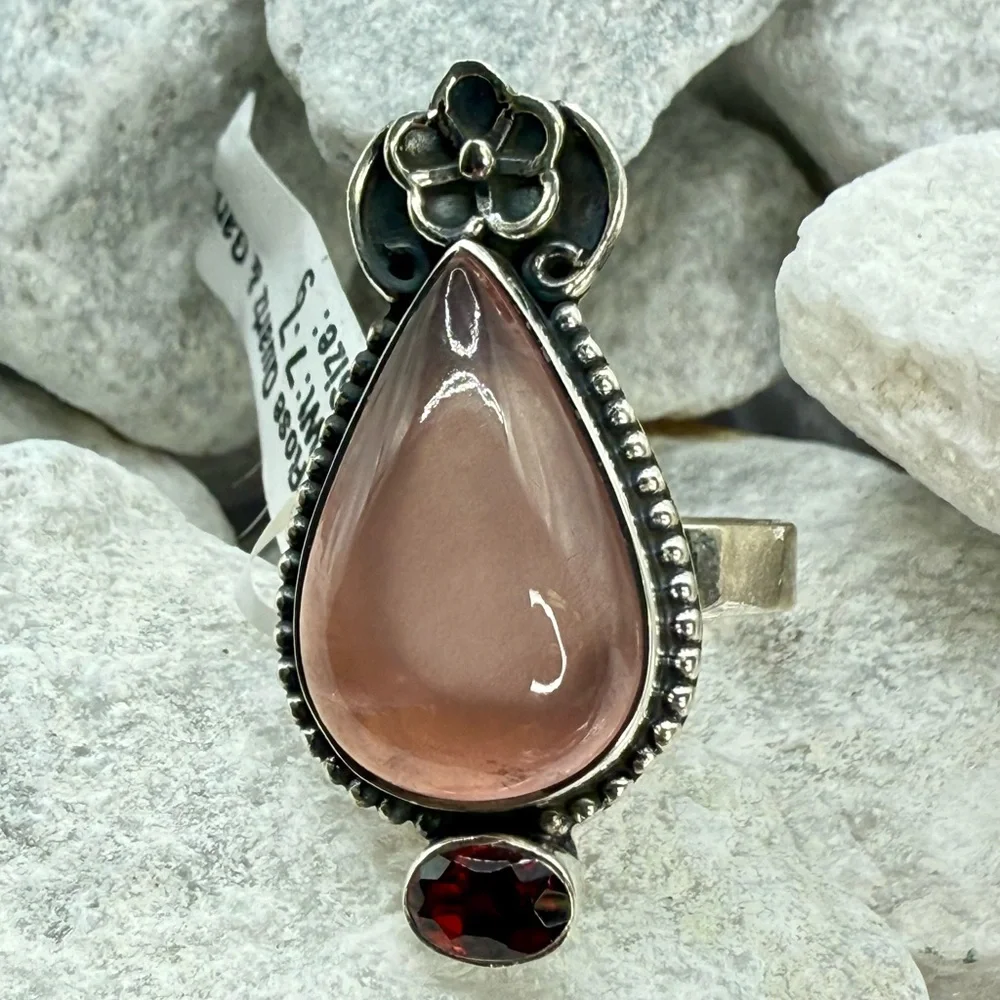 NWT Sterling Silver Rose Quartz & Garnet Ring Size 9 Southwestern Boho 925